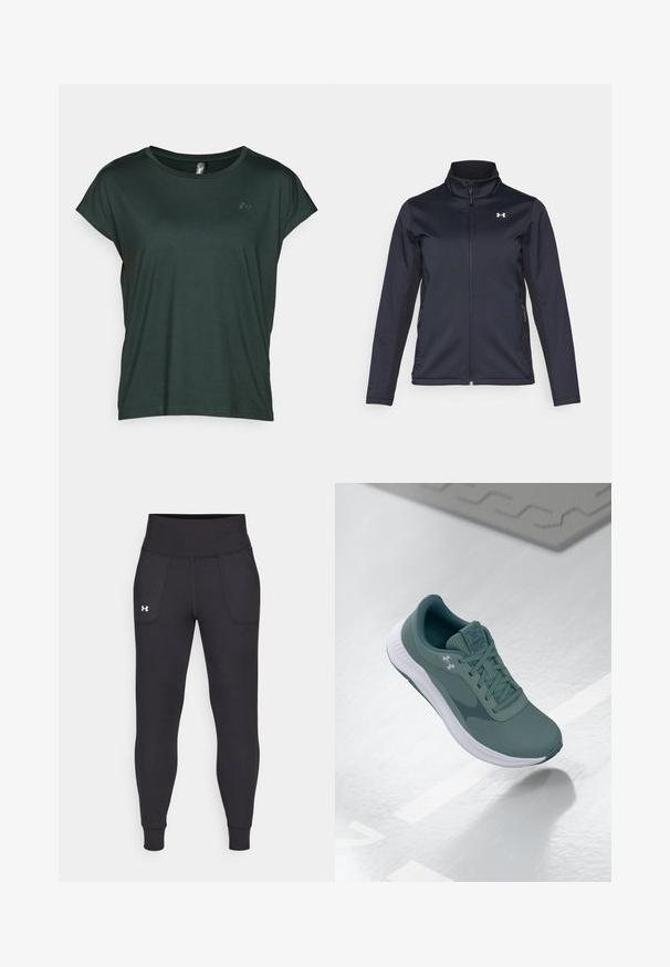 Námornícky vetrovka s vysokým golierom, plným zipsom na prednej strane a bočnými vreckami. Vyrobená z ľahkej textúrovanej látky s logom značky.; ONLY Play ONPAUBREE LIFE ON BAT LOOSE - Športové tričko - scarab; Čierne športové legíny vyrobené z elastického materiálu, s vysokým pásom, bočnými vreckami a priliehajúcimi manžetami na členkoch.; Tmavě modré běžecké boty Under Armour s bílou podrážkou, zobrazené, jak plavou nad lesklým povrchem s uvázanými tkaničkami.