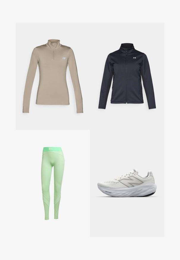 Námornícky vetrovka s vysokým golierom, plným zipsom na prednej strane a bočnými vreckami. Vyrobená z ľahkej textúrovanej látky s logom značky.; Béžový dlhý rukáv športový top s vysokým golierom a štvrťzipsom. Obsahuje malé svetlo modré logo na hornej ľavej strane hrude. Hladká textúra.; adidas Performance HYPERGLAM - Legíny - semi green spark lime burst; Biele športové topánky s sieťovaným zvrškom, vybavené polstrovaným golierom, textúrovanou podrážkou a brandingom "Fresh Foam" na medzipodrážke.