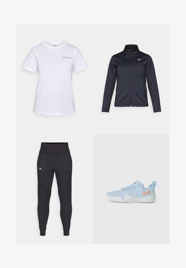 Námornícky vetrovka s vysokým golierom, plným zipsom na prednej strane a bočnými vreckami. Vyrobená z ľahkej textúrovanej látky s logom značky.; Biela bavlnená tričko s krátkymi rukávmi, s malým vyšitým logom "Champion" v svetlofialovej farbe na ľavej hrudi.; Čierne športové legíny vyrobené z elastického materiálu, s vysokým pásom, bočnými vreckami a priliehajúcimi manžetami na členkoch.; Svetlomodrá športová obuv vyrobená z sieťoviny s textúrovanou podrážkou, s oranžovým logom a šnurovacím dizajnom.