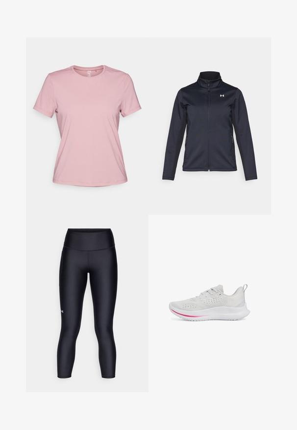 Námornícky vetrovka s vysokým golierom, plným zipsom na prednej strane a bočnými vreckami. Vyrobená z ľahkej textúrovanej látky s logom značky.; Ružové tričko s krátkym rukávom vyrobené z hladkej látky, s okrúhlym výstrihom a voľným strihom, bez viditeľných vzorov alebo zdobenia.; Čierne legíny vyrobené z hladkej, elastickej tkaniny. Vysoký pás s priliehavým strihom a malým logom na ľavej nohe.; Biele športové topánky s textúrovaným zvrškom, dizajnom na šnúrovanie a ružovým akcentovým pruhom na medzipodrážke. Obsahujú polstrovanú podrážku a textilný pútko.