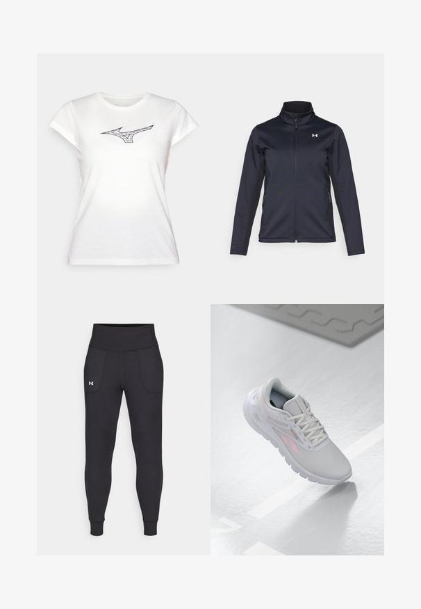 Navy windbreaker jacket with stand-up collar, full front zipper, and side pockets. Made from lightweight, textured fabric with a branded logo.; White cotton t-shirt with short sleeves, featuring a black line-art design of a logo on the chest. Classic crew neckline, soft texture.; Black athletic leggings made from stretchy material, featuring a high waistband, side pockets, and fitted cuffs at the ankle.; Light gray athletic shoe with pink accents, mesh upper, rounded toe, cushioned sole, and lace-up closure. Surface is smooth and reflective.