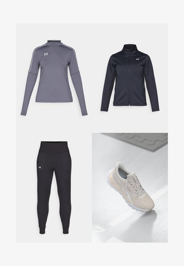 Marineblaue Windjacke mit Stehkragen, durchgehendem Reißverschluss und Seitentaschen. Aus leichtem, strukturiertem Material mit einem Markenlogo.; Langärmliges graues Sportshirt mit Stehkragen, weißen Akzenten an den Schultern und einem Under Armour-Logo auf der linken Brust. Das Material ist glatt.; Schwarze Sportleggings aus dehnbarem Material, mit hohem Taillenbund, seitlichen Taschen und schmalen Bündchen am Knöchel.; Hellbeige Sportschuh mit einem perforierten Obermaterial, strukturierten Akzenten, gepolstertem Schaftrand und weißer Gummisohle, entworfen für Komfort und Atmungsaktivität.