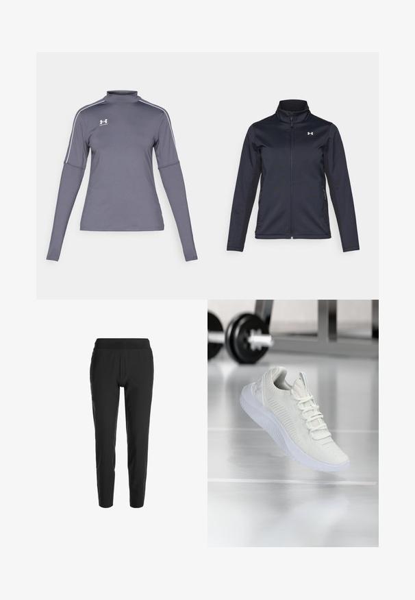 Námořnická větrovka s vysokým límcem, plným předním zipem a bočními kapsami. Vyrobena z lehké, strukturované látky s logem značky.; Hustě šedé sportovní tričko s dlouhým rukávem a stojáčkovým límcem, bílé akcenty na ramenou a logo Under Armour na levé části hrudi. Materiál je hladký.; Černé zúžené kalhoty s elastickým pasem, s hladkou texturou a minimalistickým designem. Lehký materiál pro pohodlí.; Bílé atletické tenisky s texturovaným síťovým svrškem a systémem šněrování, s polstrovanou bílou podrážkou a jemnými žebrovanými detaily.