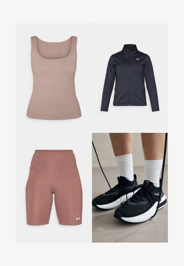 Marine windbreakerjack met opstaande kraag, volledige ritssluiting aan de voorkant en zijzakken. Gemaakt van lichtgewicht, gestructureerde stof met een merkembleem.; Geribbelde tanktop in zacht beige, met een vierkante halslijn en mouwloos ontwerp. Het materiaal heeft een gladde textuur met een aansluitende pasvorm.; Hoge taille sport shorts in een zachte roos kleur. Gemaakt van soepele, rekbare stof met een zijzak en een witte logo-accent nabij de zoom.; Zwarte sportschoenen van gestructureerde stof, met een witte zool en zwarte veters. Draag ze met witte geribde sokken, staand op een lichte ondergrond.