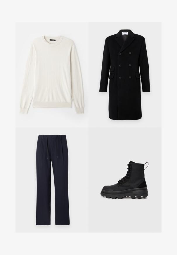 Zwarte dubbelgebreide wollen jas met reverskraag, zes knopen, klepzakken en lange mouwen, gelabeld met Filippa K aan de binnenkant van de kraag.; Licht beige lange mouwen trui gemaakt van zacht, soepel materiaal. Heeft een geribde ronde hals en manchetten voor een klassieke pasvorm.; Marineblauwe broek met een rechte pijpdesign, gemaakt van textuurstof. Voorzien van een knoopsluiting aan de voorkant en een verstelbare koord in de taille.; Zwarte enkellaarsjes met een bovenwerk van textiel, rubberen zool en opvallende lugs. Kenmerken zijn onder andere versterkte veterogen en een trekhaak.