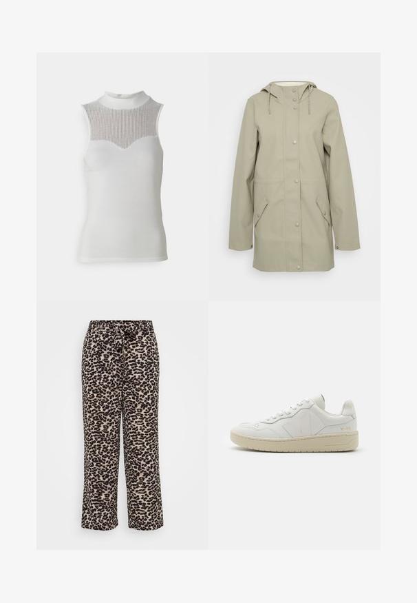 Heledad hallbeez veekindel jakk kapuutsiga, eesneppude sulgemisega, kahe külje taskuga ja kapuutsil reguleeritavad nöörid. Sujuv tekstuur.; Valge ilma varrukateta pluus kõrge kaelusega, millel on tekstureeritud soonikkoht rinnaosas ja sile kehaosa, luues keha järgiv silueti.; Laiad püksid pehmest kangast, millel on leopardimuster beežis ja mustas. Reguleeritav vöökoht, millel on seotud detail.; Valge nahast tennisetossud perforatsiooniga varbakupliga, kontrastsetes beežides kummitaldades ning logoga aktsentidega küljel ja kandmisel. Minimalistlik disain.