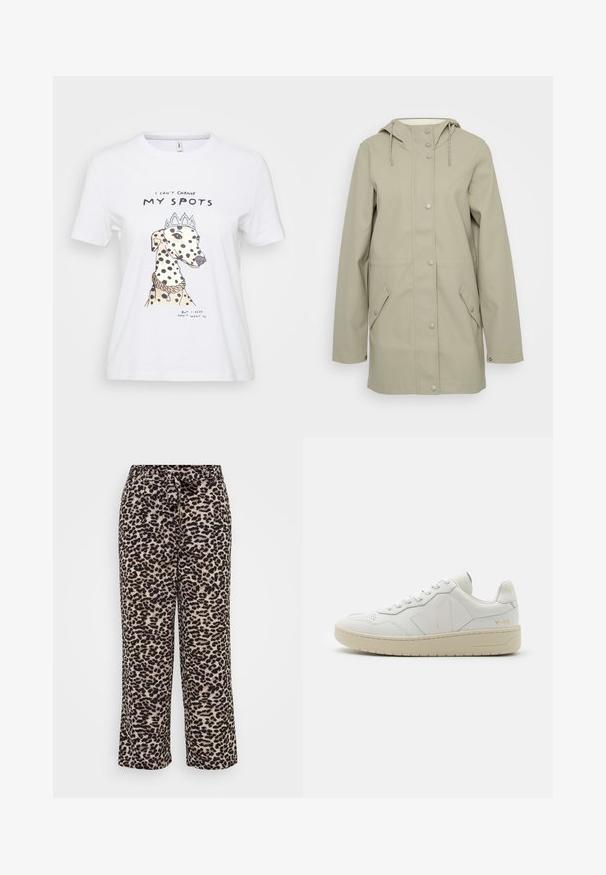 Lys beige vanntett jakke med hette, front lukking med trykknapper, to sidelommer og justerbare snorer på hetten. Glatt tekstur.; Hvit bomulls t-skjorte med en illustrert hund med svarte flekker, som har på seg en krone og et halsbånd. Teksten sier: "Jeg kan ikke endre flekkene mine."; Videbukser laget av myk stoff, med et leopardmønster i beige og svart. Justerbar midje med knyte-detalj.; Hvite lær sneakers med perforert tåboks, kontrasterende beige gummisåle og logo detaljer på siden og hælen. Minimalistisk design.