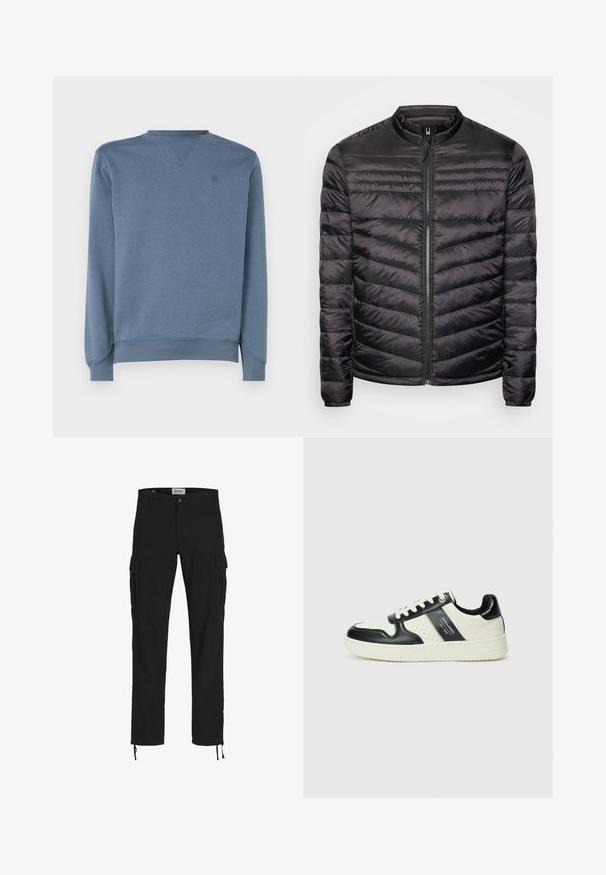 Chaqueta puffer negra con cuello alto, patrón acolchado horizontal y vertical, cremallera frontal completa y puños elásticos. Textura ligera y suave.; Sudadera azul hecha de un tejido suave, con cuello redondo, puños acanalados y un pequeño logo en el pecho. Textura lisa.; Pantalones cargo negros con corte recto, que cuentan con bolsillos laterales, cierre de botón y cordones elásticos en los tobillos. Fabricados en tejido resistente.; Zapatillas de cuero con un esquema de colores negro y crema, que cuentan con acentos perforados, un collar acolchado y una suela texturizada.