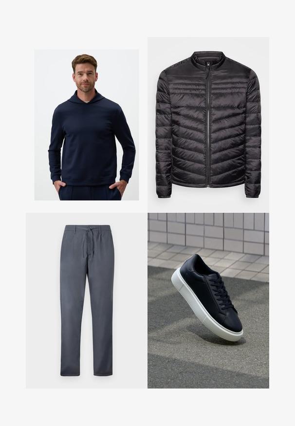 Giubbotto imbottito nero con collo alto, motivo a quadrati orizzontali e verticali, zip frontale a tutta lunghezza e polsini elasticizzati. Leggero e con una texture liscia.; Felpa blu navy realizzata in tessuto liscio, con vestibilità comoda, collo alto e maniche lunghe con polsini a coste.; Pantaloni grigi realizzati in tessuto morbido, dotati di chiusura con cordoncino e tasche laterali. Design a gamba dritta con una finitura pulita.; Sneaker in pelle nera con punta arrotondata e suola in gomma bianca. Presenta lacci piatti e cuciture minime sulla parte superiore. Suola testurizzata per una migliore aderenza.