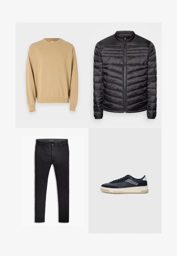 Chaqueta puffer negra con cuello alto, patrón acolchado horizontal y vertical, cremallera frontal completa y puños elásticos. Textura ligera y suave.; Sudadera beige con mangas largas y cuello redondo. Hecha de algodón, con una textura suave y puños y dobladillo acanalados.; Chinos de algodón negro con un ajuste entallado, que cuentan con cinco bolsillos, pasadores para cinturón y una textura suave. Cierre de cremallera con botón.; BOSS BALTIMORE - Zapatillas - open blue