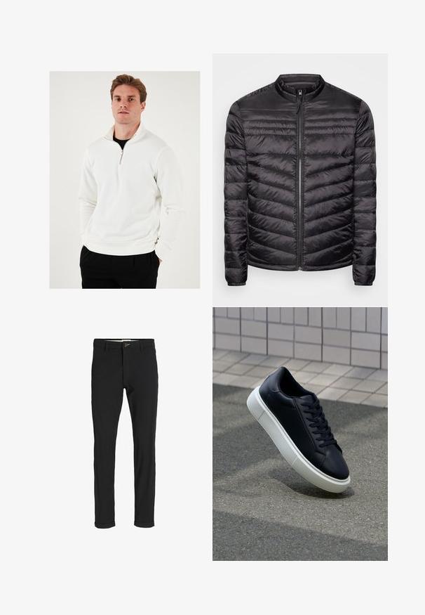 Chaqueta puffer negra con cuello alto, patrón acolchado horizontal y vertical, cremallera frontal completa y puños elásticos. Textura ligera y suave.; Sudadera blanca con cremallera y cuello alto, fabricada en tejido suave, de mangas largas y corte relajado, combinada con pantalones negros.; Pantalones de mezcla de algodón negros con corte ajustado, que presentan un cierre de botón, bolsillos y puños enrollados para un acabado casual.; Zapatilla de cuero negro con punta redonda y suela de goma blanca. Presenta cordones planos y un mínimo de costuras en la parte superior. Suela texturizada para proporcionar agarre.