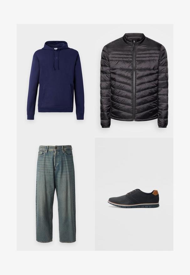 Schwarze Pufferjacke mit hohem Kragen, horizontalem und vertikalem Steppmuster, durchgehendem Reißverschluss vorne und elastischen Bündchen. Leichter und glatter Stoff.; Marineblauer Pullover-Hoodie mit vorderer Kängurutasche, Kapuze mit Kordelzug und dezent eingeprägtem GAP-Logo auf der Brust.; Helle blaue Denim-Jeans mit lockerer Passform, mittelhoher Taille und geraden Beinen. Hat fünf Taschen, Gürtelschlaufen und einen Knopfverschluss.; Schwarze synthetische Schuhe mit einer strukturierten Oberseite, glatten Akzenten, braunem Absatz und einer kontrastierenden Sohle. Verfügt über minimale Schnürung und Nähdetails.