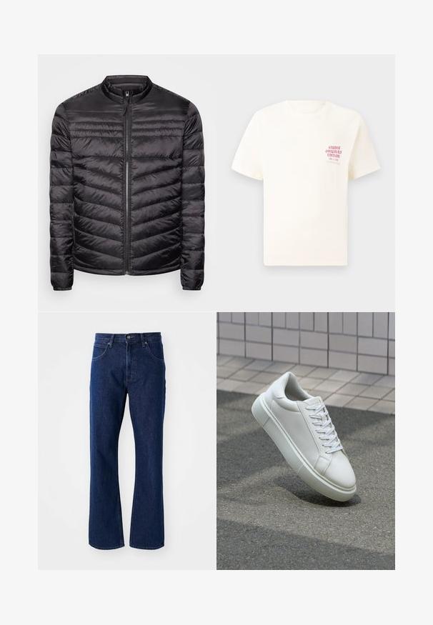 Chaqueta puffer negra con cuello alto, patrón acolchado horizontal y vertical, cremallera frontal completa y puños elásticos. Textura ligera y suave.; Camiseta blanca de manga corta con el texto rojo "Edición de Studio Originals" en el lado izquierdo del pecho, exhibida sobre un fondo gris neutro.; Jeans de mezclilla de pierna recta en azul oscuro con cierre de botón y cremallera, presillas para cinturón y bolsillos delanteros sobre un fondo liso.; Zapatilla de cuero blanca con una superficie lisa, punta redonda y cordones blancos planos. Presenta una suela de goma texturizada y elementos de diseño mínimos.