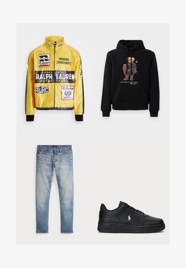 Rumena, teksturirana dirkalna jakna z več potiskanimi logotipi in nalepkami, črnimi poudarki na rokavih in manšettah, z zadrgo na sprednji strani.; Črna kapuca z medvedom, ki nosi sončna očala, plašč, škornje in drži leseno rekvizit, z besedilom "Polo Bear by Ralph Lauren" spodaj.; Svjetloplave traperice s izblijedjelim završetkom, dizajn s pet džepova i kontrastnim šavovima. Imaju patentni zatvarač i petlju za pojas. Ravnog su kroja.; Črne usnjene superge s perforiranim dizajnom, ravnim vezanjem in belim vezenim logotipom na strani. Debel črn gumijast podplat.