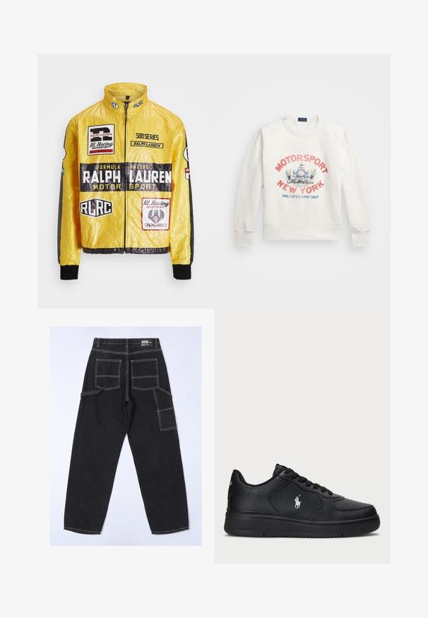 Giacca da corsa gialla, texturizzata, con molteplici loghi e toppe stampate, dettagli neri su maniche e polsini, chiusura con zip completa.; Felpa bianca con polsini e orlo a coste. Presenta una grafica colorata con "MOTORSPORT NEW YORK" e un design da corsa. Stile classico con colletto a girocollo.; Pantaloni in denim nero con una vestibilità rilassata, dotati di numerose tasche, cuciture visibili e un design a gamba dritta.; Sneaker nere in pelle con design perforato, chiusura piatta con lacci e logo ricamato bianco sul lato. Sole in gomma nera spessa.