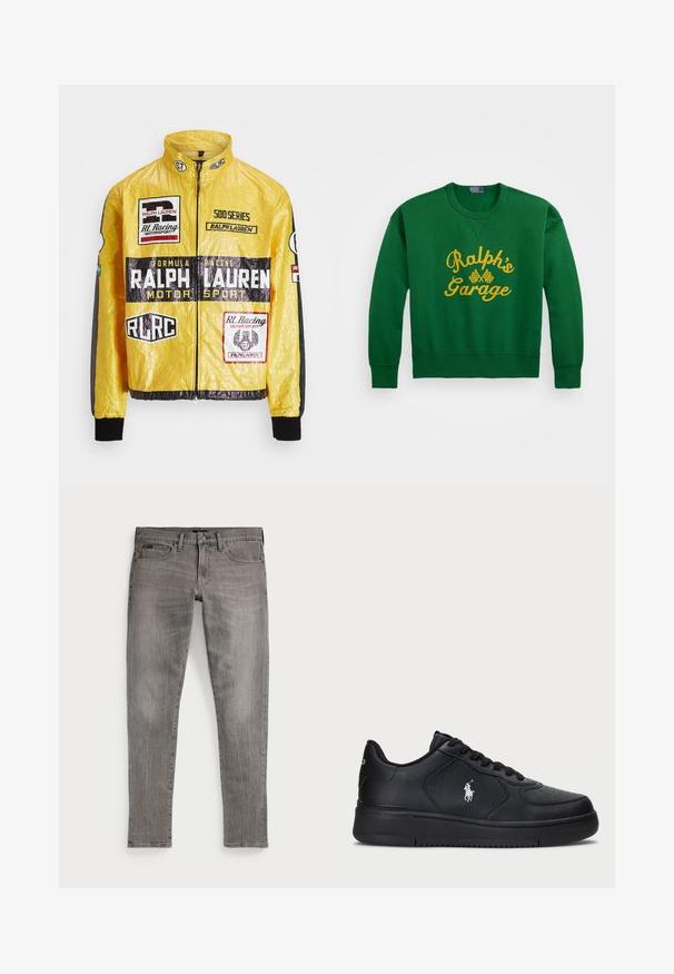 Sárga, textúrált versenydzseki, több nyomtatott logóval és folttal, fekete részletekkel az ujjakon és mandzsettákon, teljes hosszúságú cipzárral.; Zöld pulóver kerek nyakkal, sárga hímzett "Ralph's Garage" felirattal és kockás zászlós részletekkel. Pamut keverék anyag.; Szürke farmernadrág, slim fit, egyenes szárú. Klasszikus öt zsebes dizájn, varrási részletek és enyhén megfakult textúra jellemzi.; Fekete bőr sneaker cipők perforált mintával, lapos fűzős záródással és fehér hímzett logóval az oldalon. Vastag fekete gumitalp.