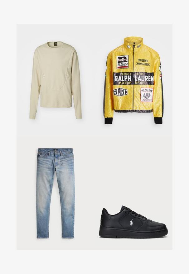 Gelbe, strukturierte Rennjacke mit mehreren aufgedruckten Logos und Aufnähern, schwarzen Akzenten an Ärmeln und Bündchen, mit durchgehendem Reißverschluss.; Oakley LATITUDE TECH FLEECE - Fleecepullover - white birch; Helle blaue Denim-Jeans mit einem ausgewaschenen Finish, Fünf-Taschen-Design und kontrastierenden Nähten. Mit Reißverschluss und Gürtelschlaufen. Gerade geschnitten.; Schwarze Ledersneaker mit einem perforierten Design, flacher Schnürverschluss und einem weißen gestickten Logo an der Seite. Dicke schwarze Gummisohle.