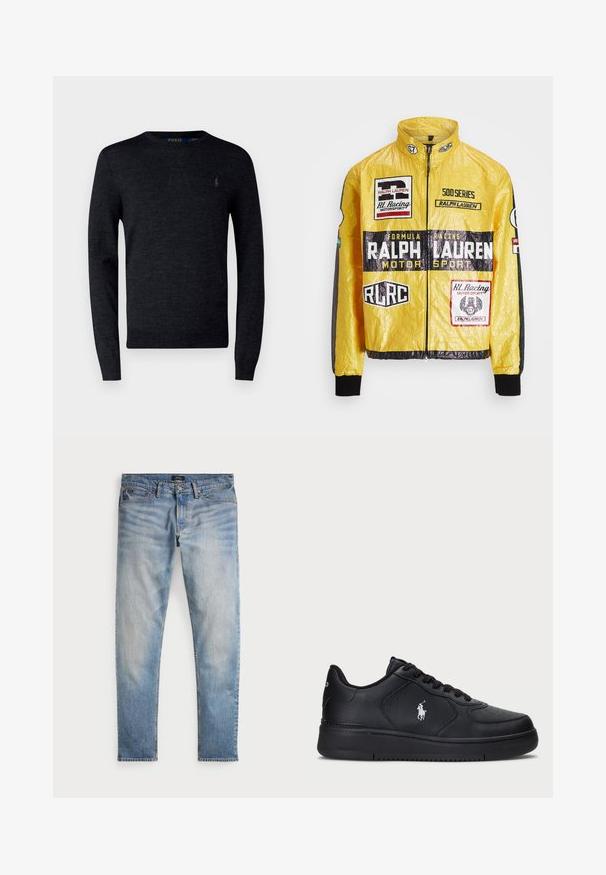 Żółta, teksturowana kurtka wyścigowa z wieloma nadrukowanymi logo i naszywkami, z czarnymi akcentami na rękawach i mankietach, z pełnym zapięciem na suwak.; Ciemnoszary sweter typu crew neck, wykonany z miękkiego materiału. Posiada długie rękawy oraz małe haftowane logo na piersi. Prosty fason.; Jasnoniebieskie dżinsy z wyblakłym wykończeniem, pięcioma kieszeniami i kontrastowymi przeszyciami. Posiadają zamek błyskawiczny i szlufki na pasek. Prosty krój.; Czarne skórzane sneakersy z perforowanym wzorem, płaskim zapięciem na sznurówki i białym haftowanym logo po boku. Gruba czarna gumowa podeszwa.