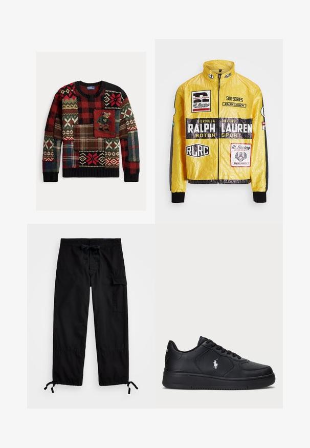 Gul, texturerad racjacka med flera tryckta logotyper och märken, med svarta accenter på ärmar och mudd, hel dragkedja.; Flerfärgad stickad tröja med olika lapptäcksmönster i rött, grönt och svart, med rund halsringning och texturerat tyg.; Svarta cargobyxor med elastisk midja och dragsko. Har sidofickor och justerbara muddar med dragkedjor. Tillverkad av lättviktig tyg.; Svarta lädersneakers med perforerat mönster, platt snörning och en vit broderad logotyp på sidan. Tjock svart gummisula.