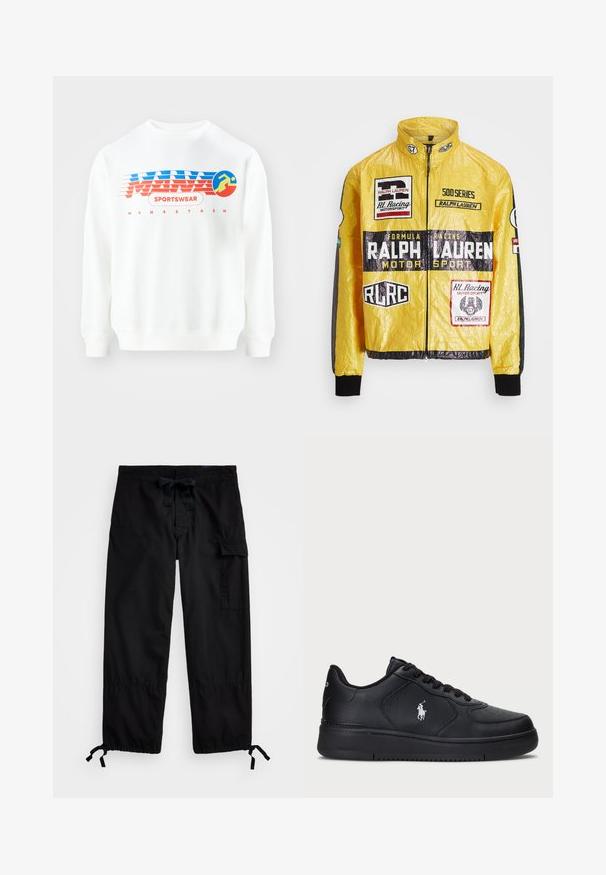 Yellow, textured racing jacket featuring multiple printed logos and patches, with black accents on sleeves and cuffs, full zip closure.; White sweatshirt with red and blue graphic design. Features the text "SPORTSWEAR" and a circular icon of a running figure. Classic fit, long sleeves.; Black cargo pants with elastic waistband and drawstring. Features side pockets and adjustable cuffs with toggles. Made of lightweight fabric.; Black leather sneakers with a perforated design, flat lace-up closure, and a white embroidered logo on the side. Thick black rubber sole.