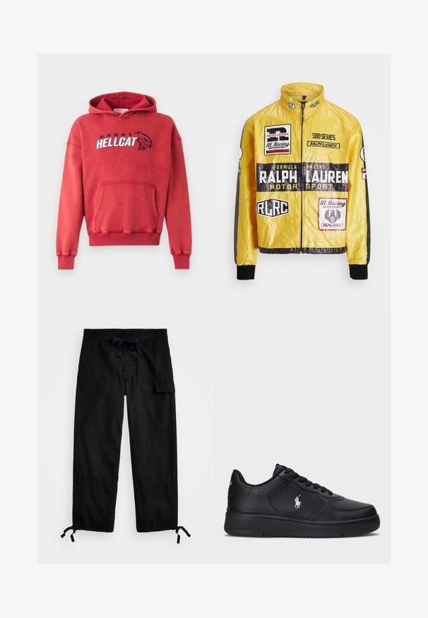 Rumena, teksturirana dirkalna jakna z več potiskanimi logotipi in nalepkami, črnimi poudarki na rokavih in manšettah, z zadrgo na sprednji strani.; Rdeča bombažna kapuca z sprednjim žepom. Značilna je oznaka "DODGE HELLCAT" v beli in črni barvi na prsih. Ima rebraste manšete in rob. Mehka tekstura.; Črne cargo hlače z elastičnim pasom in vrvico. Imajo stranske žepke in nastavljive manšete s toggli. Narejene so iz lahkega blaga.; Črne usnjene superge s perforiranim dizajnom, ravnim vezanjem in belim vezenim logotipom na strani. Debel črn gumijast podplat.