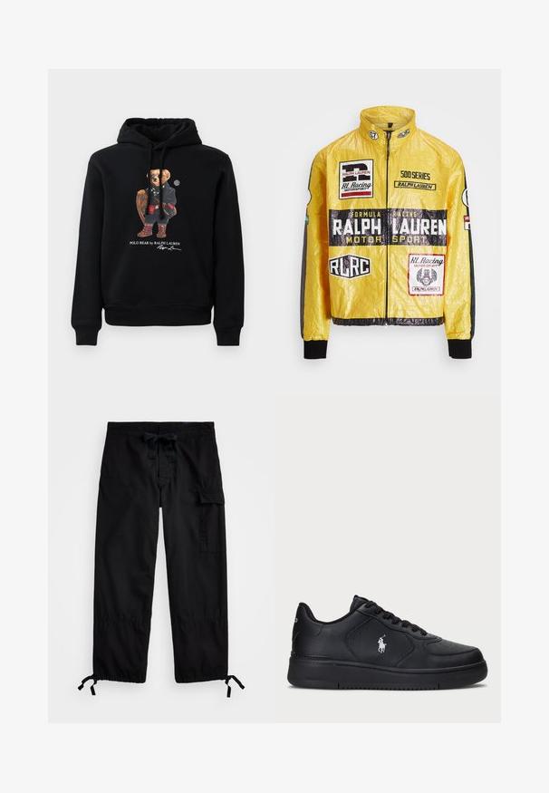 Κίτρινο, υφασμάτινο σακάκι αγώνων με πολλές εκτυπωμένες λογότυπα και επι patches, με μαύρες λεπτομέρειες στα μανίκια και τους καρπούς, πλήρης φερμουάρ.; Μαύρο φούτερ με κουκούλα που απεικονίζει μια αρκούδα με γυαλιά ηλίου, παλτό, μπότες και κρατώντας μια ξύλινη ρακέτα, με το κείμενο "Polo Bear by Ralph Lauren" από κάτω.; Μαύρο cargo παντελόνι με ελαστική μέση και κορδόνι. Διαθέτει πλαϊνές τσέπες και ρυθμιζόμενους αστραγάλους με κωδικούς πρόσδεσης. Κατασκευασμένο από ελαφρύ ύφασμα.; Μαύρα δερμάτινα αθλητικά παπούτσια με διάτρητο σχέδιο, επίπεδο κλείσιμο με κορδόνια και λευκό κεντητό λογότυπο στο πλάι. Παχύ μαύρο καουτσούκ σόλα.