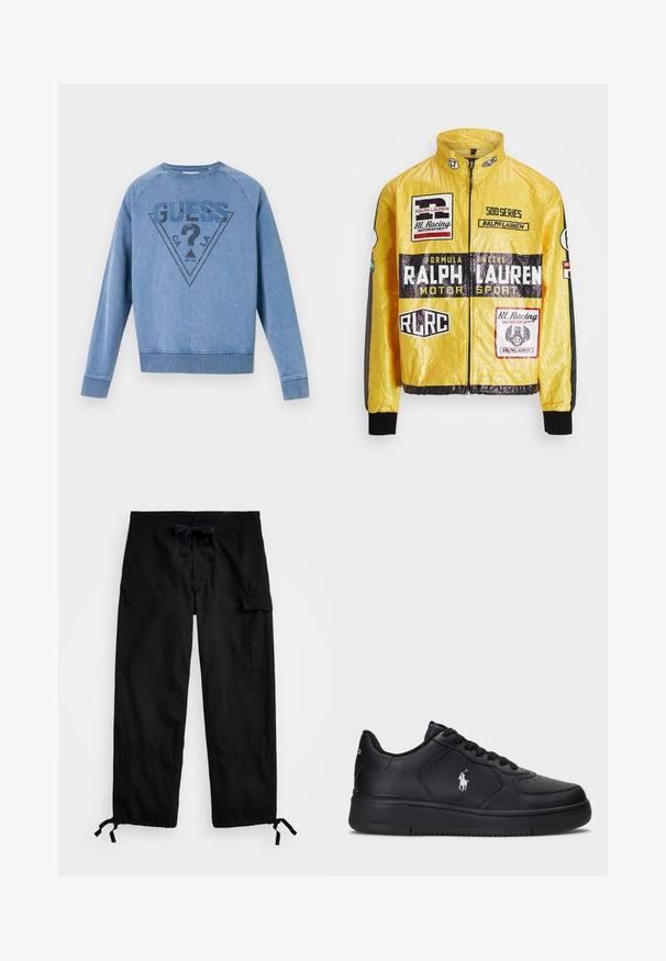 Jachetă de curse galbenă, texturată, cu mai multe logo-uri și insigne imprimate, cu accente negre pe mâneci și manșete, cu închidere cu fermoar pe întreaga lungime.; Sweatshirt bleu deschis cu guler rotund, cu logo-ul "GUESS", un semn de întrebare și textul "CA LA" în interiorul unui triunghi pe față.; Pantaloni cargo negri cu talie elastică și șnur. Dispun de buzunare laterale și manșete ajustabile cu clești. Fabricat dintr-un material ușor.; Adidași negri din piele cu un design perforat, închidere cu șireturi plate și un logo brodat alb pe lateral. Talpă groasă din cauciuc negru.