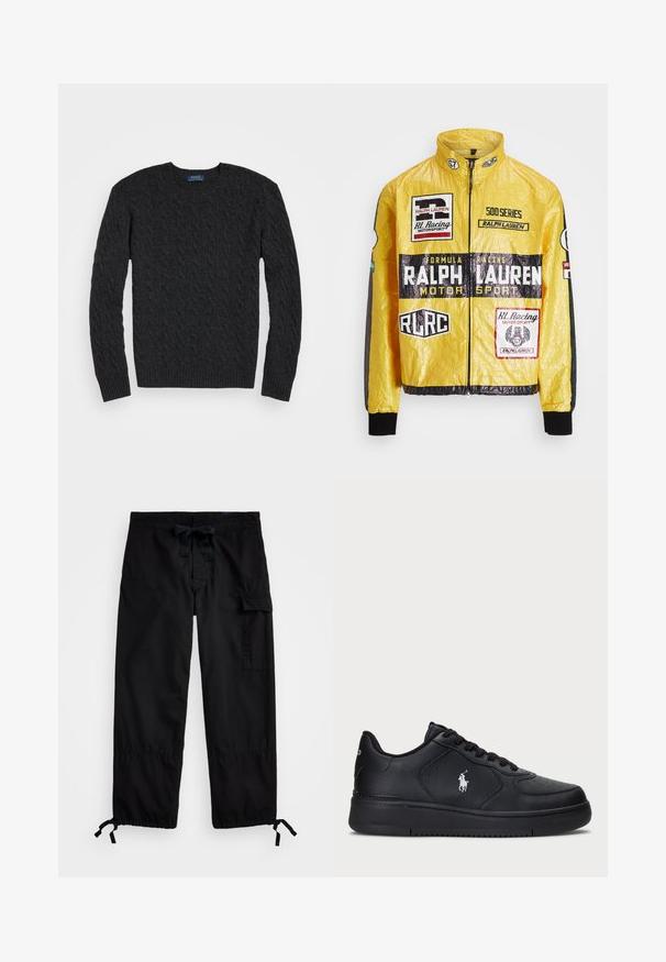 Żółta, teksturowana kurtka wyścigowa z wieloma nadrukowanymi logo i naszywkami, z czarnymi akcentami na rękawach i mankietach, z pełnym zapięciem na suwak.; Czarny sweter w splot łańcuszkowy w odcieniu ciemnoszarym, z długimi rękawami, okrągłym dekoltem oraz ściągaczami przy mankietach i dolnej krawędzi. Wykonany z teksturowanej tkaniny zapewniającej ciepło.; Czarne spodnie cargo z elastycznym paskiem w talii i sznurkiem do regulacji. Posiada boczne kieszenie oraz regulowane mankiety z togglami. Wykonane z lekkiego materiału.; Czarne skórzane sneakersy z perforowanym wzorem, płaskim zapięciem na sznurówki i białym haftowanym logo po boku. Gruba czarna gumowa podeszwa.