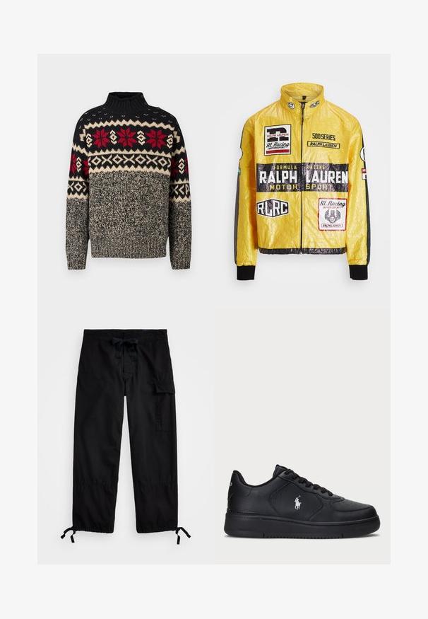 Żółta, teksturowana kurtka wyścigowa z wieloma nadrukowanymi logo i naszywkami, z czarnymi akcentami na rękawach i mankietach, z pełnym zapięciem na suwak.; Sweter dziany w kolorach czarnym, kremowym i czerwonym z wysokim kołnierzem, ozdobiony wzorami śnieżynek i geometrycznymi oraz guzikami na ramieniu.; Czarne spodnie cargo z elastycznym paskiem w talii i sznurkiem do regulacji. Posiada boczne kieszenie oraz regulowane mankiety z togglami. Wykonane z lekkiego materiału.; Czarne skórzane sneakersy z perforowanym wzorem, płaskim zapięciem na sznurówki i białym haftowanym logo po boku. Gruba czarna gumowa podeszwa.