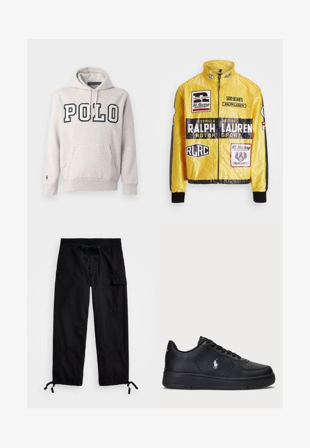 Żółta, teksturowana kurtka wyścigowa z wieloma nadrukowanymi logo i naszywkami, z czarnymi akcentami na rękawach i mankietach, z pełnym zapięciem na suwak.; Jasnoszara bluza z kapturem, wykonana z mieszanki bawełny, z przednią kieszenią, kapturem ze sznurkiem oraz napisem "POLO" w ciemnoniebieskim kolorze na klatce piersiowej.; Czarne spodnie cargo z elastycznym paskiem w talii i sznurkiem do regulacji. Posiada boczne kieszenie oraz regulowane mankiety z togglami. Wykonane z lekkiego materiału.; Czarne skórzane sneakersy z perforowanym wzorem, płaskim zapięciem na sznurówki i białym haftowanym logo po boku. Gruba czarna gumowa podeszwa.
