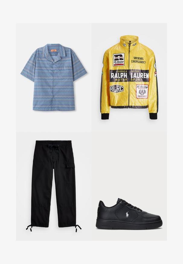 Kollane, tekstuuriga sõidujakk, millel on mitmeid trükitud logosid ja kapuutsi, mustad aktsendid varrukatel ja mansettidel, täis tõmblukuga sulgemine.; Lühikeste varrukatega nööbiga särk sinise, valge ja lilla sakilise mustriga, laotatuna valgele taustale.; Mustad mustapüksid elastse vöökoha ja nööriga. Omavad külgtaskuid ja reguleeritavaid varrukaotsi tõmblukkudega. Valmistatud kergest kangast.; Mustad nahast tossud, millel on auguline disain, lame sidumispael ja küljes valge brodeeritud logo. Paks must kummist tald.