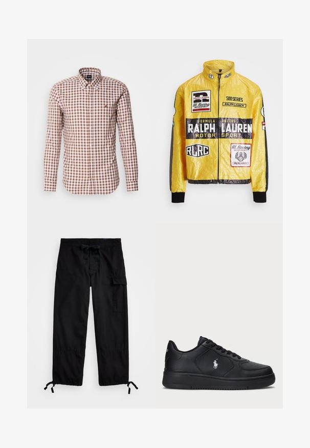 Keltainen, teksturoitu kilpajakku, jossa on useita painettuja logoja ja tarroja, mustilla yksityiskohdilla hihoissa ja hihansuissa, täysipitkä vetoketjusulku.; Ruskean ja valkoisen ruudullinen pitkähihaisena paita, jossa on napillinen kaulus ja brodeerattu logo rinnassa. Pellavakankaan rakenne.; Mustat cargo-housut, joissa on joustava vyötärö ja kiristysnauha. Ominaisuuksina sivutaskut ja säädettävät lahkeet, joissa on säädettävät togglet. Valmistettu kevyestä kankaasta.; Mustat nahkakengät, joissa on rei'itetty muotoilu, tasaiset nauhakampaus ja valkoinen brodeerattu logo sivussa. Paksu musta kumipohja.