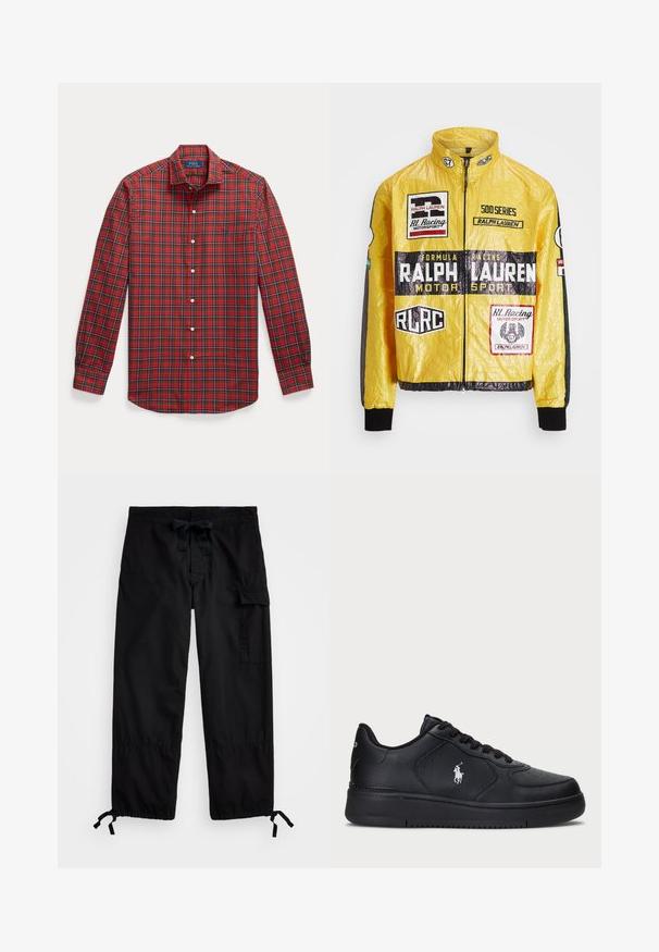 Geel, textuur racingjack met meerdere geprinte logo's en patches, met zwarte accenten op de mouwen en manchetten, volledige ritssluiting.; Rood geruit overhemd met een button-down kraag, lange mouwen en een klein logo. Gemaakt van geweven stof met witte knopen en blauwe accenten.; Zwarte cargobroek met elastische tailleband en trekkoord. Voorzien van zijzakken en verstelbare boorden met toggles. Gemaakt van lichtgewicht stof.; Zwarte leren sneakers met een geperforeerd ontwerp, platte vetersluiting en een witte geborduurde logo aan de zijkant. Dikke zwarte rubberen zool.