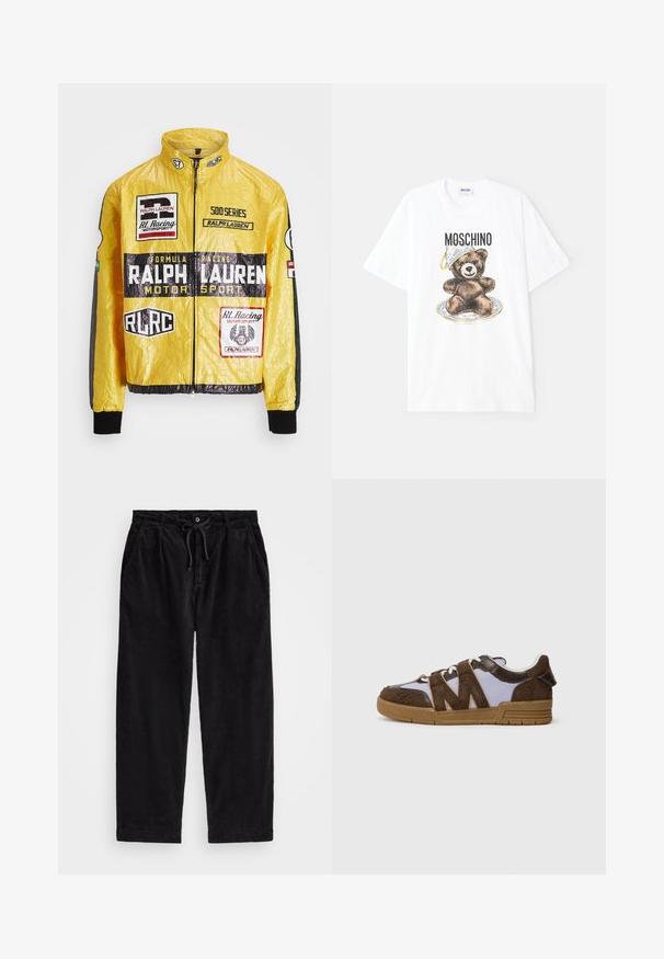 Žuta, teksturirana trkaća jakna s višestrukim printanim logotipima i zakrpama, s crnim naglašavanjima na rukavima i manžetama, zatvaranje na cijeloj dužini sa zipom.; Bijela pamučna majica s grafikom smešnog smešnog medveda na tanjiru, koji nosi plavu i zlatnu posudu. Iznad dizajna se nalazi natpis "Moschino".; Crne kordura hlače s opuštenim krojem, koje sadrže elastičnu gumicu s vezicom i bočne džepove. Tkanina pokazuje rebrastu teksturu.; Tenisice s gornjim dijelom od smeđeg velura, bež mrežastim panelima i potplatom od gume. Karakterističan cik-cak dizajn na stranama. Zatvaranje na vezanje.