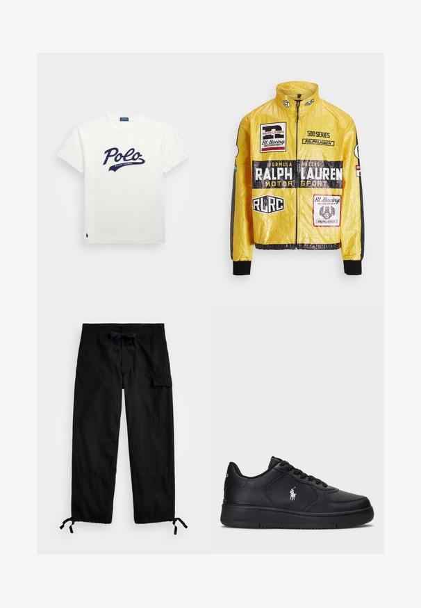 Veste de course jaune texturée avec plusieurs logos et écussons imprimés, accents noirs sur les manches et les poignets, fermeture éclair intégrale.; T-shirt en coton blanc avec un design de logo "Polo" bleu marine et le texte "Ralph Lauren". Petit logo de cheval bleu marine en bas à gauche.; Pantalons cargo noirs avec taille élastique et cordon de serrage. Comprend des poches latérales et des poignets ajustables avec arrêts. Fabriqué en tissu léger.; Baskets en cuir noir avec un design perforé, fermeture à lacets plate et logo brodé blanc sur le côté. Semelle en caoutchouc noire épaisse.