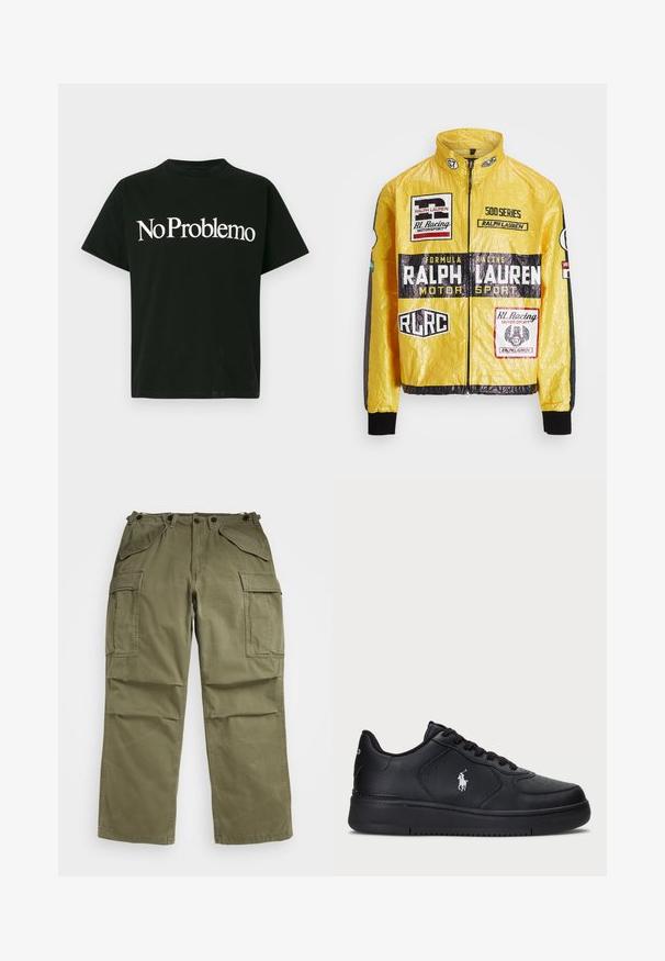 Žltá pretekárska bunda s textúrou, obsahujúca viaceré potlačené logá a nášivky, s čiernymi akcentmi na rukávoch a manžetách, s plným zipsom.; Čierne tielko s krátkym rukávom a bielym nápisom "No Problemo" umiestneným na strede predného dielu na svetlom pozadí.; Olívovo zelené cargo nohavice vyrobené z textúrovanej látky, ktoré majú množstvo predných a bočných vreciek a zosilnené švy.; Čierne kožené tenisky s perforovaným dizajnom, plochým šnurovaním a bielym vyšitým logom na boku. Hustá čierna gumová podrážka.