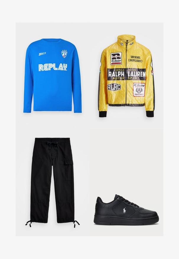 Gelbe, strukturierte Rennjacke mit mehreren aufgedruckten Logos und Aufnähern, schwarzen Akzenten an Ärmeln und Bündchen, mit durchgehendem Reißverschluss.; Langarm-T-Shirt in Blau aus Baumwolle mit Rundhalsausschnitt, versehen mit dem weißen "REPLAY"-Logo und dem Text "REPLAY FC", sowie einem Wappenlogo mit drei Sternen.; Schwarze Cargo-Hosen mit elastischem Bund und Kordelzug. Mit seitlichen Taschen und verstellbaren Bündchen mit Halterungen. Hergestellt aus leichtem Stoff.; Schwarze Ledersneaker mit einem perforierten Design, flacher Schnürverschluss und einem weißen gestickten Logo an der Seite. Dicke schwarze Gummisohle.
