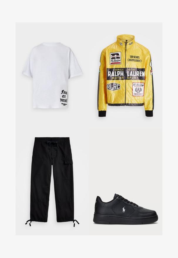 Chaqueta de carrera amarilla y texturizada con múltiples logotipos y parches impresos, con detalles en negro en las mangas y los puños, cierre de cremallera completa.; Camiseta blanca de algodón con un corte relajado, mangas cortas y una impresión gráfica negra en la parte inferior derecha que dice "Concédele importancia a ti mismo."; Pantalones cargo negros con cinturilla elástica y cordón. Cuenta con bolsillos laterales y puños ajustables con reguladores. Fabricado en tejido ligero.; Zapatillas de cuero negro con un diseño perforado, cierre plano con cordones y un logo bordado en blanco en el lateral. Suela de goma negra gruesa.