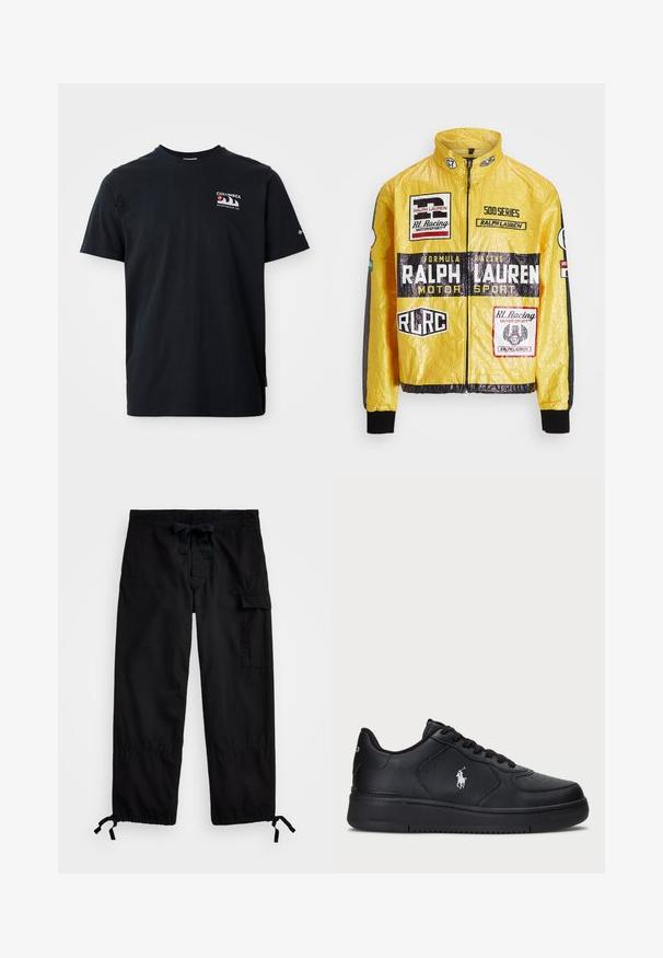 Geltona, tekstūruota lenktynių striukė su keliais spausdintais logotipais ir emblemomis, juodais akcentais ant rankovių ir rankogalių, visiškai užtraukiama.; Juodas medvilninis marškinėliai su trumpomis rankovėmis. Viršutiniame kairiajame krūtinės kampe yra grafiškai pavaizduotas logotipas raudonos, baltos ir mėlynos spalvų. Lygi tekstūra, apvalaus kaklo dizainas.; Juodos krovinių kelnės su elastingu juosmeniu ir raišteliu. Yra šoninės kišenės ir reguliuojamos galinės kelnių apačios su užtrauktukais. Pagamintos iš lengvos medžiagos.; Juodi odiniai sportbačiai su perforuotu dizainu, plokščia raištelių uždanga ir balta išsiuvinėta logo šone. Storais juodais gumos padais.