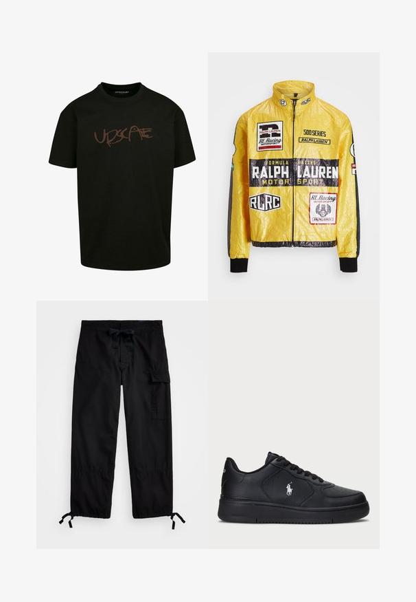 Žuta, teksturirana trkaća jakna s višestrukim printanim logotipima i zakrpama, s crnim naglašavanjima na rukavima i manžetama, zatvaranje na cijeloj dužini sa zipom.; Crna majica od pamuka s smešnim natpisom "UPDSCAPE" u grafitnom stilu na prednjoj strani. Kratak rukav, okrugli izrez.; Crne cargo hlače s elasticnim pojasom i vezicom. Imaju bočne džepove i prilagodljive manžete s kabelima. Izrađene su od laganog materijala.; Crne kožne tenisice s perforiranim dizajnom, ravnim vezicama i bijelim izvezenim logotipom sa strane. Debeli crni gumeni potplat.