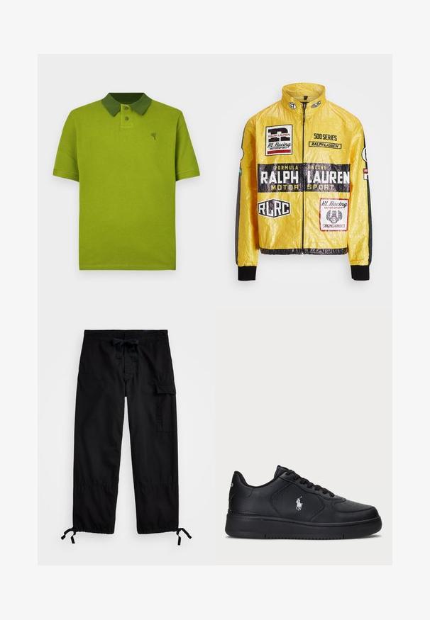 Sárga, textúrált versenydzseki, több nyomtatott logóval és folttal, fekete részletekkel az ujjakon és mandzsettákon, teljes hosszúságú cipzárral.; Zöld struktúrált piképóló kontrasztos sötétebb zöld gallérral, kétgombos sliccel és kis logóval a mellrészen.; Fekete cargo nadrág rugalmas derékkal és húzózsinórral. Oldalsó zsebekkel és állítható mandzsettákkal rendelkezik, amelyeken toggle zár van. Könnyű szövetből készült.; Fekete bőr sneaker cipők perforált mintával, lapos fűzős záródással és fehér hímzett logóval az oldalon. Vastag fekete gumitalp.