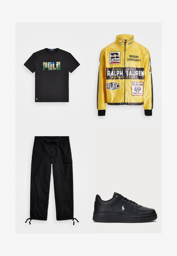 Yellow, textured racing jacket featuring multiple printed logos and patches, with black accents on sleeves and cuffs, full zip closure.; Polo Ralph Lauren SHORT SLEEVE T-SHIRT - Print T-shirt - schwarz; Black cargo pants with elastic waistband and drawstring. Features side pockets and adjustable cuffs with toggles. Made of lightweight fabric.; Black leather sneakers with a perforated design, flat lace-up closure, and a white embroidered logo on the side. Thick black rubber sole.