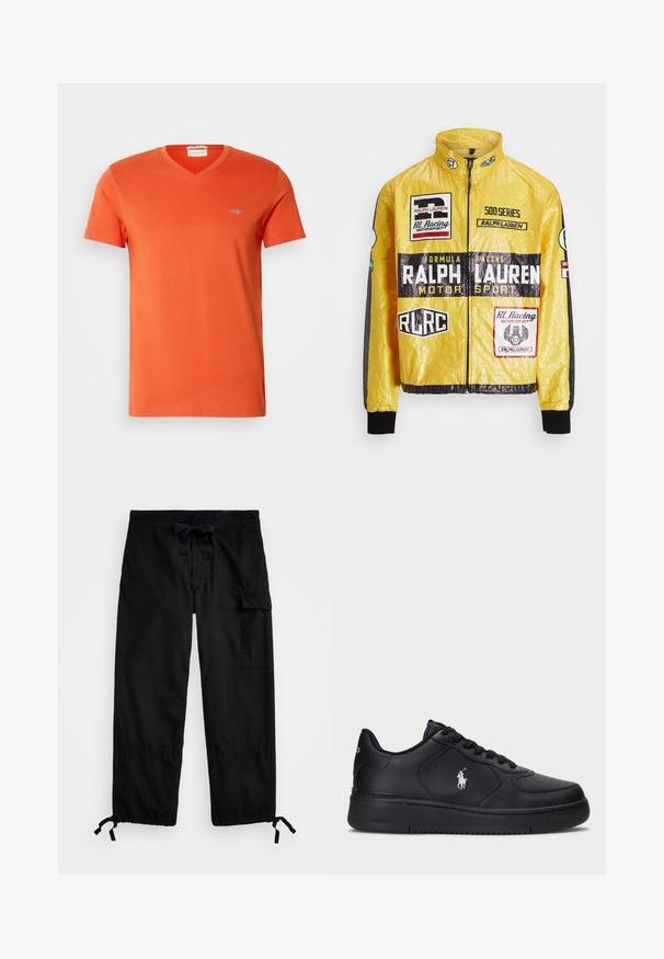 Chaqueta de carrera amarilla y texturizada con múltiples logotipos y parches impresos, con detalles en negro en las mangas y los puños, cierre de cremallera completa.; Camiseta de algodón naranja con escote en V, mangas cortas y un pequeño logo en el pecho. Textura suave y costura uniforme.; Pantalones cargo negros con cinturilla elástica y cordón. Cuenta con bolsillos laterales y puños ajustables con reguladores. Fabricado en tejido ligero.; Zapatillas de cuero negro con un diseño perforado, cierre plano con cordones y un logo bordado en blanco en el lateral. Suela de goma negra gruesa.