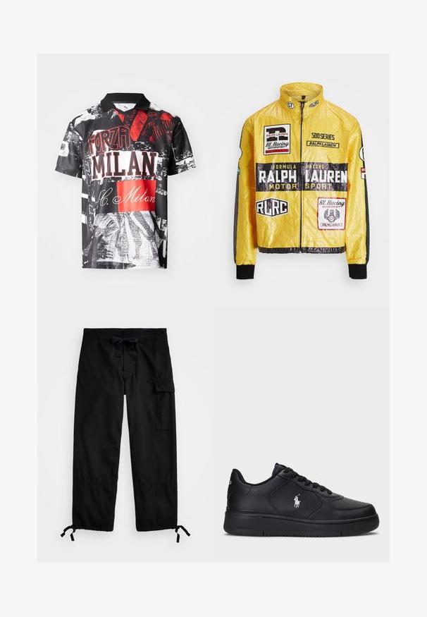 Rumena, teksturirana dirkalna jakna z več potiskanimi logotipi in nalepkami, črnimi poudarki na rokavih in manšettah, z zadrgo na sprednji strani.; Polo majica s kratkimi rokavi, narejena iz lahkega blaga, z črno podlago, na kateri so rdeči in beli grafični odtisi, besedilo in različne teksture.; Črne cargo hlače z elastičnim pasom in vrvico. Imajo stranske žepke in nastavljive manšete s toggli. Narejene so iz lahkega blaga.; Črne usnjene superge s perforiranim dizajnom, ravnim vezanjem in belim vezenim logotipom na strani. Debel črn gumijast podplat.