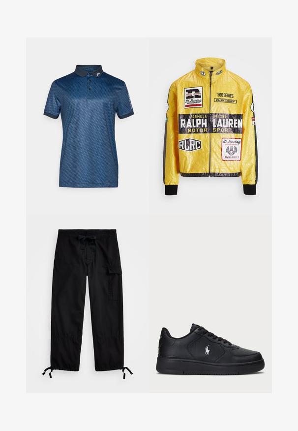 Keltainen, teksturoitu kilpajakku, jossa on useita painettuja logoja ja tarroja, mustilla yksityiskohdilla hihoissa ja hihansuissa, täysipitkä vetoketjusulku.; T-paita väriltään tummansininen, jossa on geometrinen kuvio, lyhyet hihat ja tumma kaulus. Koristeltu logolla kauluksessa ja hihassa.; Mustat cargo-housut, joissa on joustava vyötärö ja kiristysnauha. Ominaisuuksina sivutaskut ja säädettävät lahkeet, joissa on säädettävät togglet. Valmistettu kevyestä kankaasta.; Mustat nahkakengät, joissa on rei'itetty muotoilu, tasaiset nauhakampaus ja valkoinen brodeerattu logo sivussa. Paksu musta kumipohja.