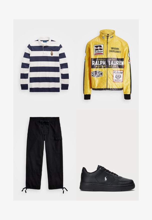 Żółta, teksturowana kurtka wyścigowa z wieloma nadrukowanymi logo i naszywkami, z czarnymi akcentami na rękawach i mankietach, z pełnym zapięciem na suwak.; Polo Ralph Lauren - Bluzka z długim rękawem; Czarne spodnie cargo z elastycznym paskiem w talii i sznurkiem do regulacji. Posiada boczne kieszenie oraz regulowane mankiety z togglami. Wykonane z lekkiego materiału.; Czarne skórzane sneakersy z perforowanym wzorem, płaskim zapięciem na sznurówki i białym haftowanym logo po boku. Gruba czarna gumowa podeszwa.