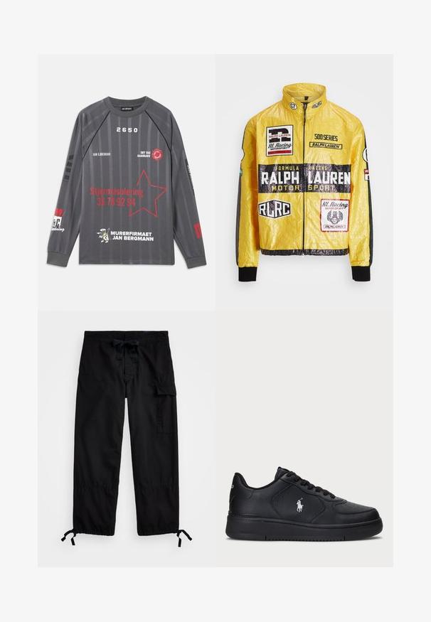 Rumena, teksturirana dirkalna jakna z več potiskanimi logotipi in nalepkami, črnimi poudarki na rokavih in manšettah, z zadrgo na sprednji strani.; Temno siva majica s dolgimi rokavi z navpičnimi črtami, grafiko rdeče zvezde ter belim in rdečim besedilom, ki vključuje "Stjerneisolering" in "Murerfirmaet Jan Bergmann."; Črne cargo hlače z elastičnim pasom in vrvico. Imajo stranske žepke in nastavljive manšete s toggli. Narejene so iz lahkega blaga.; Črne usnjene superge s perforiranim dizajnom, ravnim vezanjem in belim vezenim logotipom na strani. Debel črn gumijast podplat.