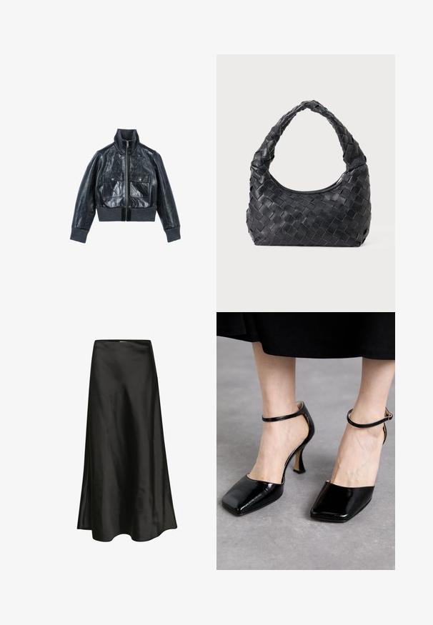 The Kooples Læderjakker - black; Sort bluse med lange ærmer, bred rund halsudskæring, afslappet pasform og blød tekstur. Har en lidt længere bagkant og ingen yderligere pynt.; Ærtesatinskør med en glat tekstur, A-linjeform og en subtil glans. Har en buet kant og et simpelt taljebånd-design.; Souliers Martinez LAURA - Højhælede pumps - lajara cybil black; Sort læder vævet skuldertaske med et afrundet håndtag og en halvmåneformet krop på en ensfarvet baggrund.