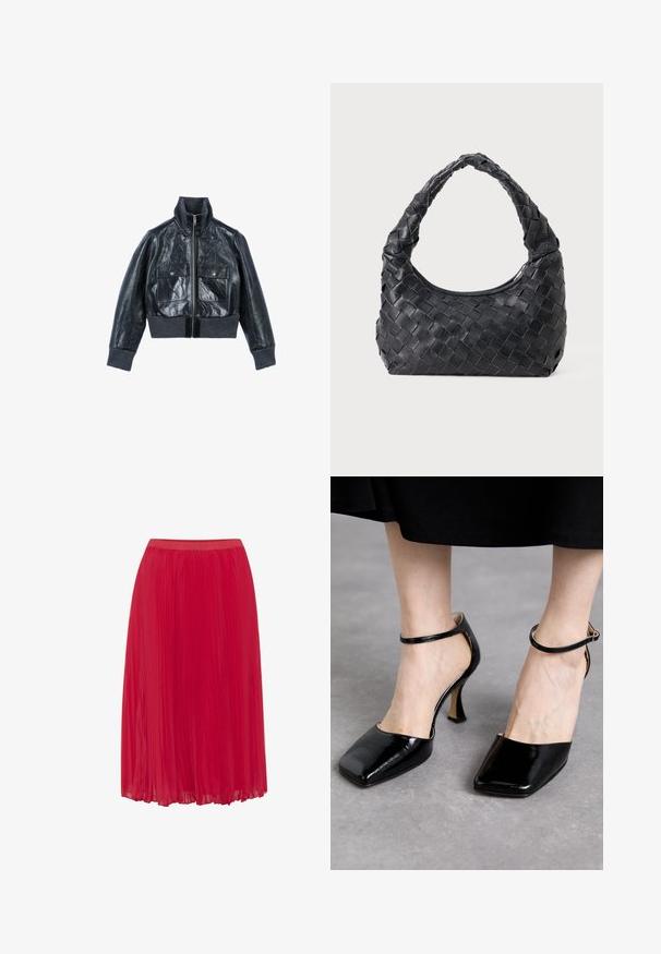 The Kooples Giacca di pelle - black; Top nero a maniche lunghe con scollo ampio rotondo, vestibilità rilassata e tessuto morbido. Presenta un orlo posteriore leggermente più lungo e nessun ornamento aggiuntivo.; Gonna plissettata rossa in un tessuto leggero e morbido. Presenta una vita elastica e un design fluido per facilitare i movimenti.; Souliers Martinez LAURA - Decolleté - lajara cybil black; Borsa a spalla intrecciata in pelle nera con manico rotondo e corpo a forma di mezzaluna su sfondo semplice.