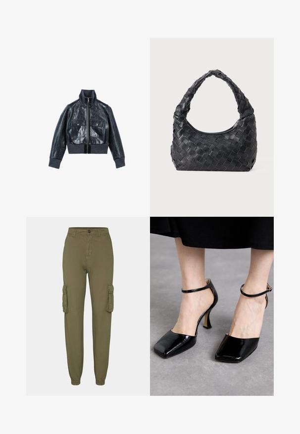 The Kooples Leather jacket - black; Black long-sleeve top with a wide crew neckline, relaxed fit, and soft texture. Features a slightly longer back hem and no additional embellishments.; Olive green cargo pants made of soft fabric, featuring two side pockets, elastic cuffs, and a front button closure.; Souliers Martinez LAURA - High heels - lajara cybil black; Black leather woven shoulder bag with a rounded handle and crescent-shaped body on a plain background.